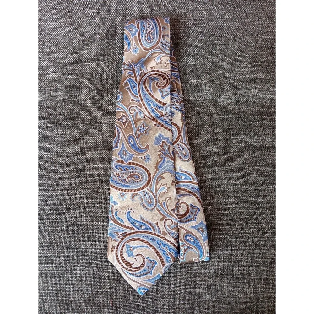 Tie 70s 80s 90s Y2K Mens Silk Beige Brown Blue Paisley 3.75 Wide 62 Long